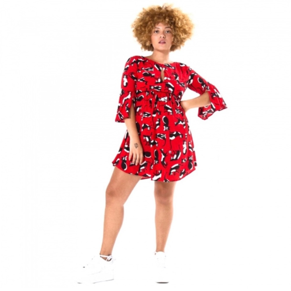 Rare Farm Rio Cat & Yarn Mini Dress Red Statement Print Resort Chic | Size  S - Picture 3 of 7